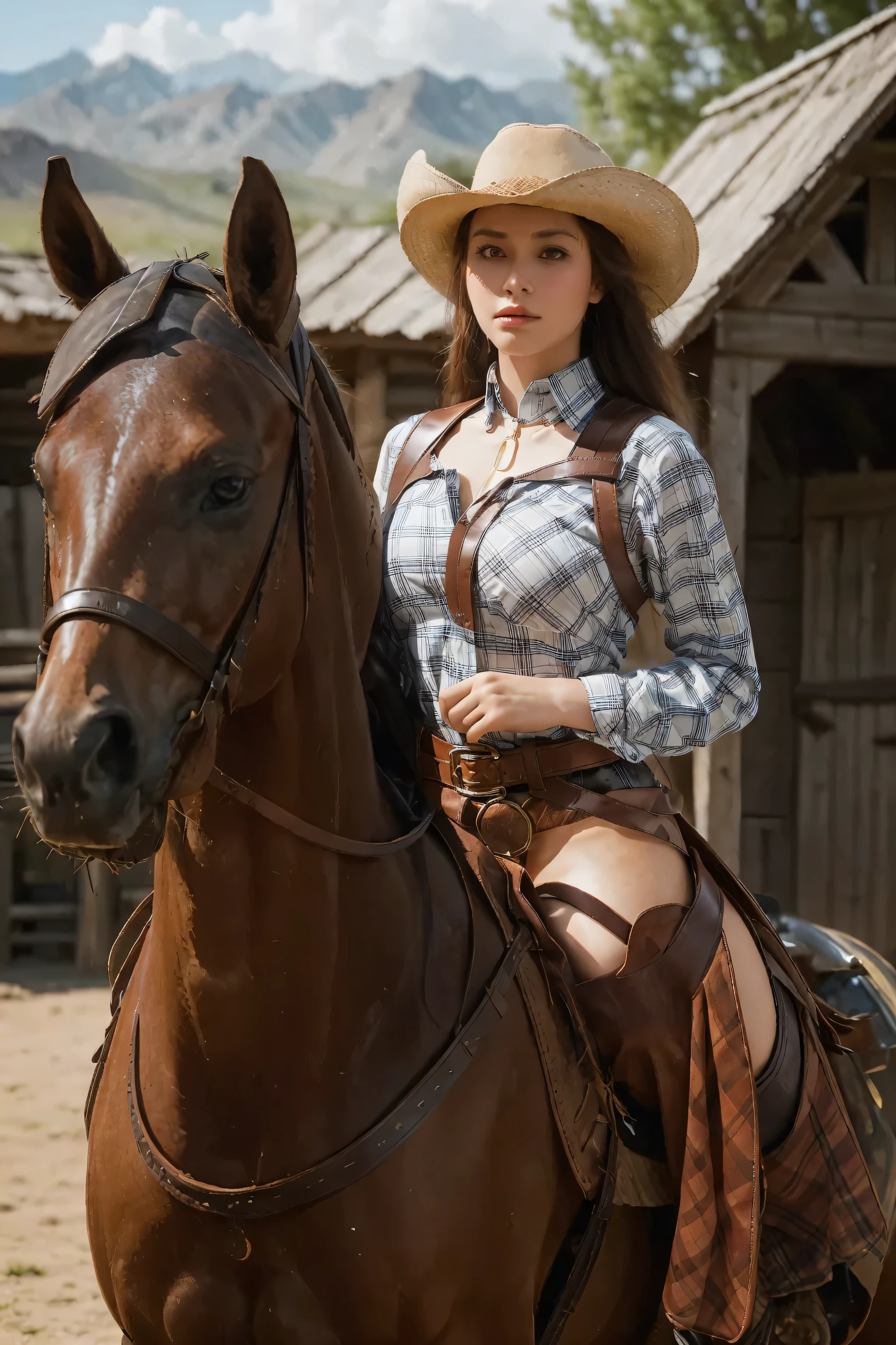 Perfect face, cute girl, big breasts, brunette, cow boy hat, topless, unzipped black leather jacket,  butt naked, black leather stockings, farm background, riding a horse, holding a pistol