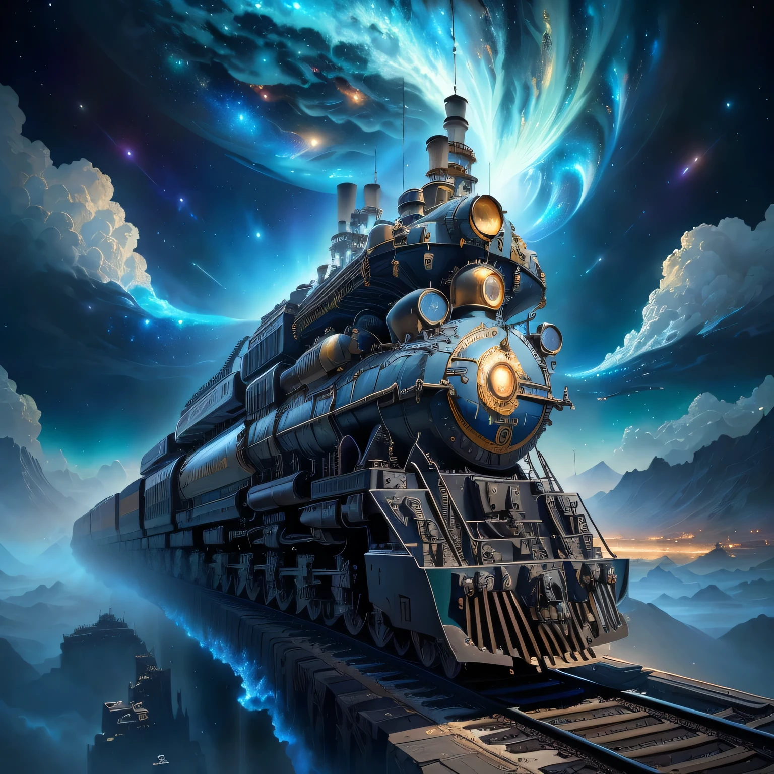 Alafud train running on track，Background is sky，A train in the foreground, big train in space, Biomechanical Railway, 4k Highly detailed digital art, Galaxy Express, Amazing wallpapers, Highly detailed fantasy art, 4k hd wallpapers very detailed, Highly detailed digital art, Epic surrealist 8k oil painting, Stunning fantasy art, Superrealisticart