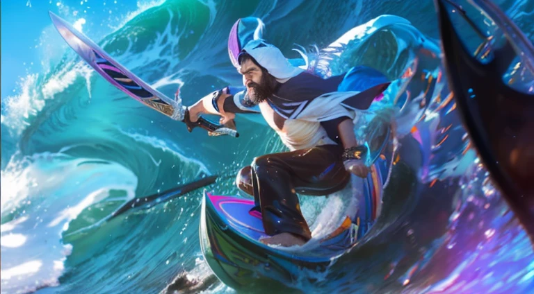 a bearded man whose face looks realistic while holding a sword and surfing in the waves
