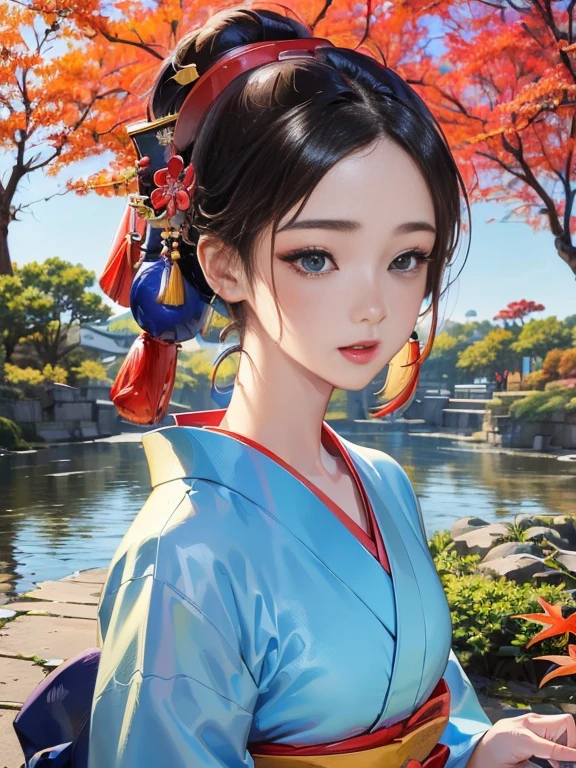 (Highest quality、 8k 、masterpiece、High resolution)、 Japanese painting、Vibrant colors、A woman wearing a kimono、Hands on chest、(Highly detailed face and eyes,Beautiful Face,Beautiful Eyes,Beautiful nose,Pretty lips)、Dynamic painting technique、Japanese garden、Autumn scenery、autumn leaves、Starry Sky、Detailed Description、