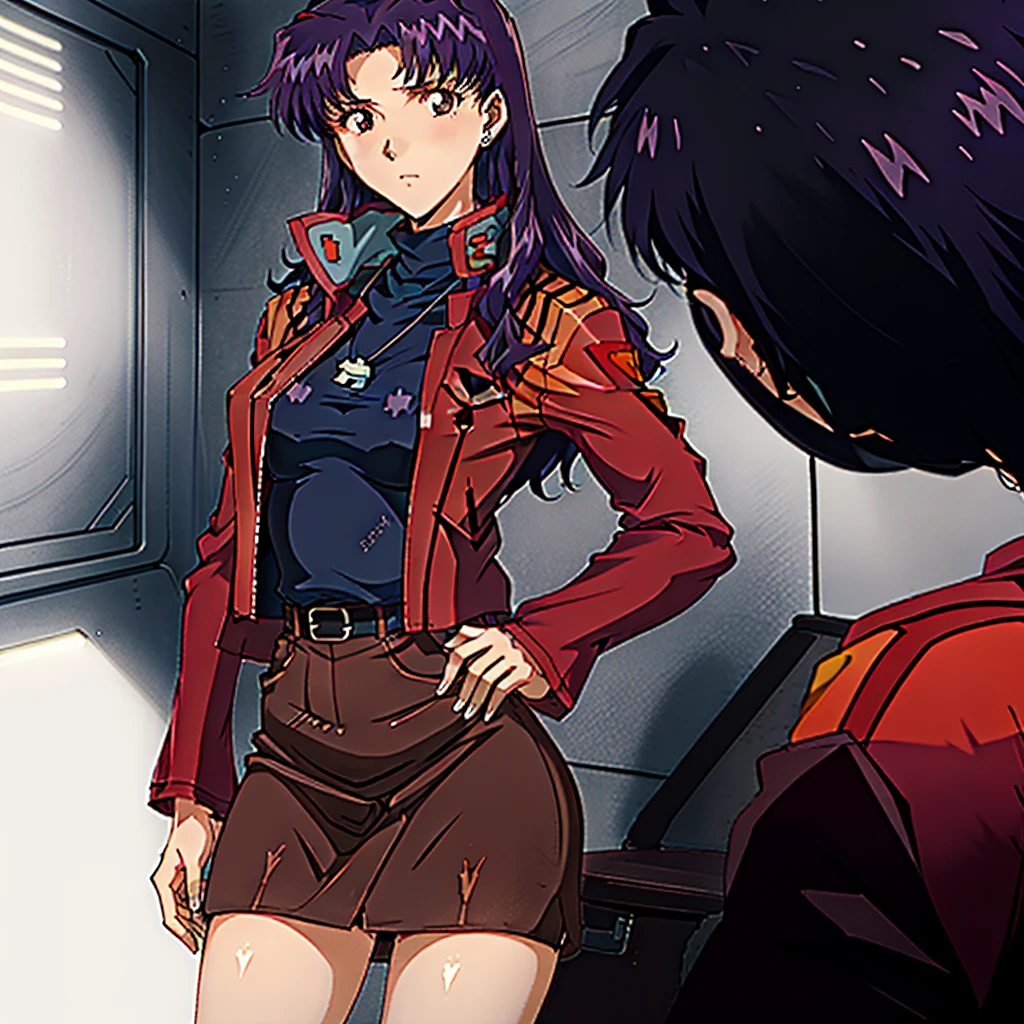 Katsuragi_Misato, 
1girl, solo, purple_hair, long_hair, katsuragi_misato, pencil_skirt, skirt, jacket, red_jacket,
high detail,Cinematic light, intricate detail,highres, high detail,detailed,best quality,