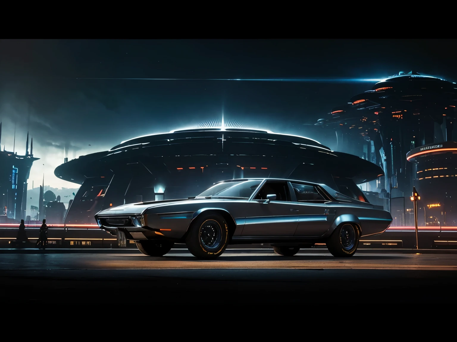 fantasy, ((Futuristic architecture)), ((Not Greg Rutkowski)), (Advanced technology), ((Retro-futurism)): Imperial Supersonic Chrysler, Retro design with 70s style, Flying over futuristic cityscape. motorvehicle&#39;Fashion, curve, Coupled with advanced propulsion technology, Creating a unique blend of old and new.