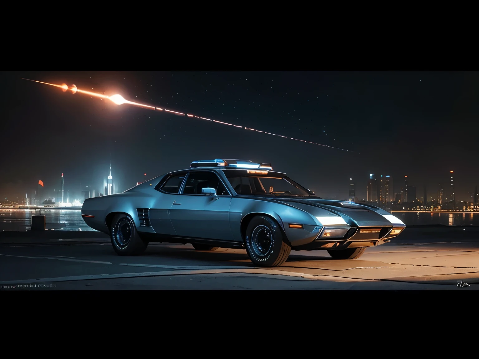 fantasy, ((Futuristic architecture)), ((Not Greg Rutkowski)), (Advanced technology), ((Retro-futurism)): Imperial Supersonic Chrysler, Retro design with 70s style, Flying over futuristic cityscape. motorvehicle'Fashion, curve, Coupled with advanced propulsion technology, Creating a unique blend of old and new.
