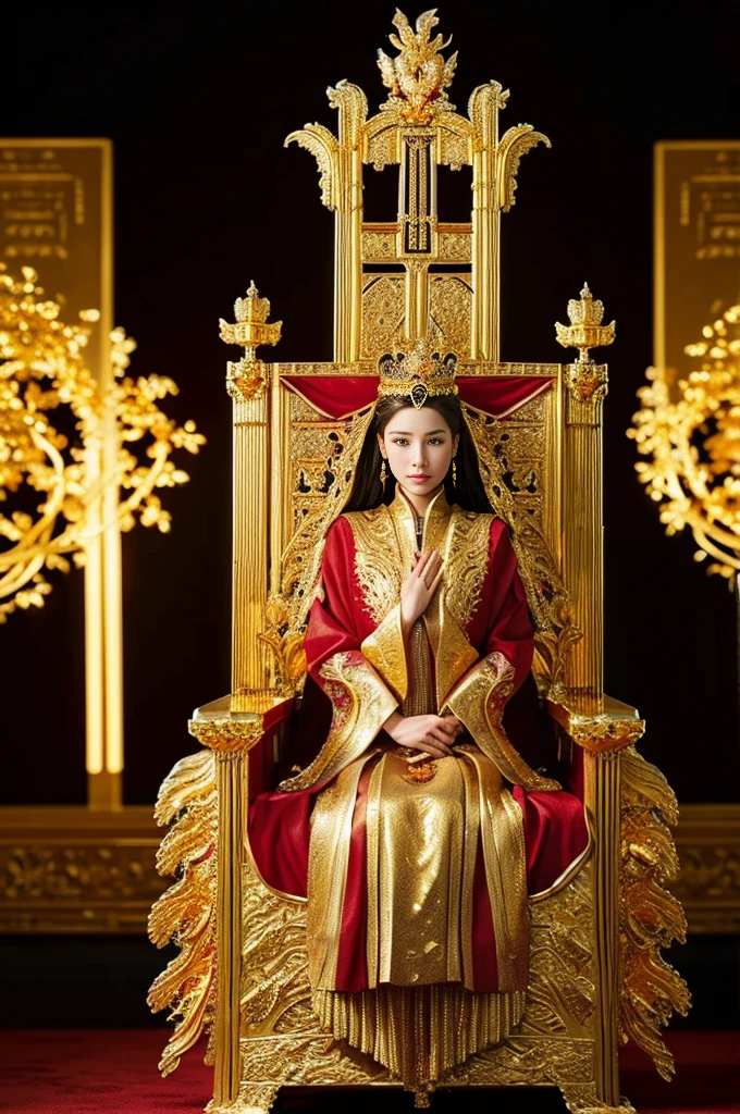 Best quality, masterpiece, detail, intricate detail, realistic cinematic lighting, (fantasy art: 1.6), (seiza: 1.1), (front: 1.2), upright, royal, majestic, queen, (huge and golden throne: 1.4), crown, close-up front, solemn, throne, upright posture, seriousness, dignity, gaze ahead, contemplation, jewelry, solo, divine ray, 1 woman, gold and red dress, golden palace,