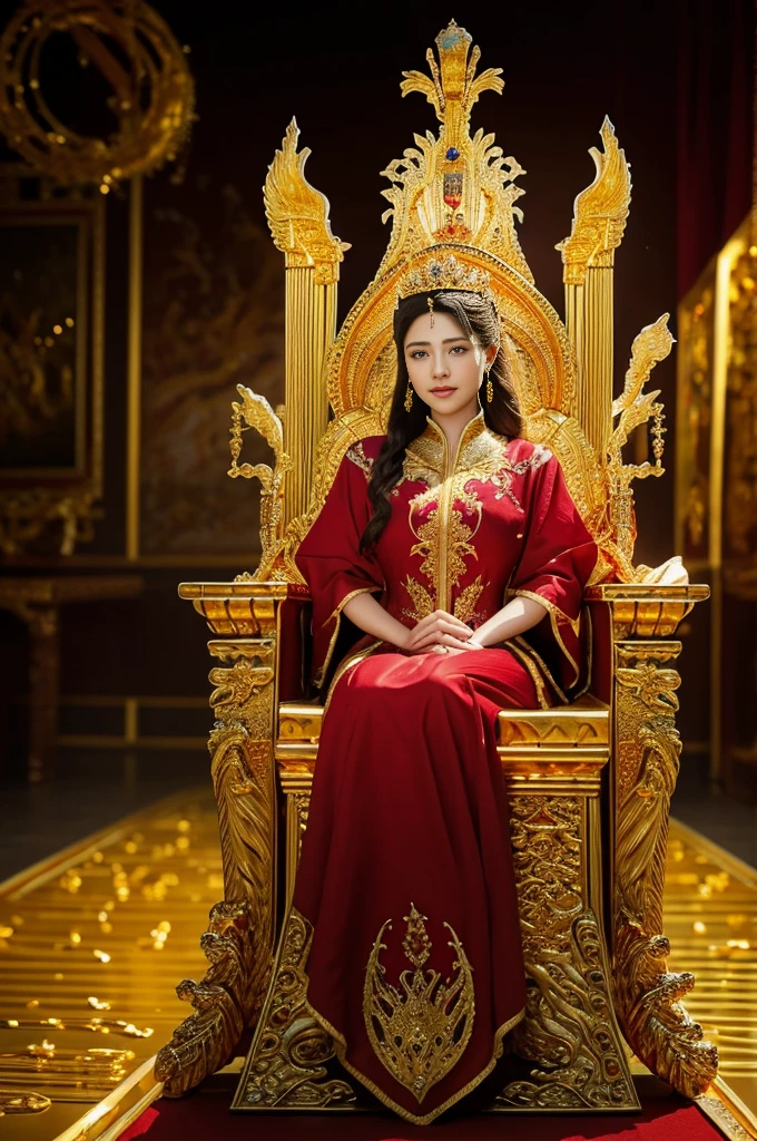 Best quality, masterpiece, detail, intricate detail, realistic cinematic lighting, (fantasy art: 1.6), (seiza: 1.1), (front: 1.2), upright, royal, majestic, queen, (huge and golden throne: 1.4), crown, close-up front, solemn, throne, upright posture, seriousness, dignity, gaze ahead, contemplation, jewelry, solo, divine ray, 1 woman, gold and red dress, golden palace,