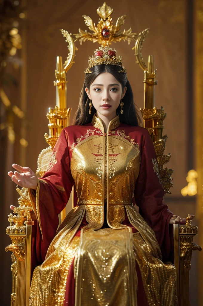 Best quality, masterpiece, detail, intricate detail, realistic cinematic lighting, (fantasy art: 1.6), (seiza: 1.1), (front: 1.2), upright, royal, majestic, queen, (huge and golden throne: 1.4), crown, close-up front, solemn, throne, upright posture, seriousness, dignity, gaze ahead, contemplation, jewelry, solo, divine ray, 1 woman, gold and red dress, golden palace,