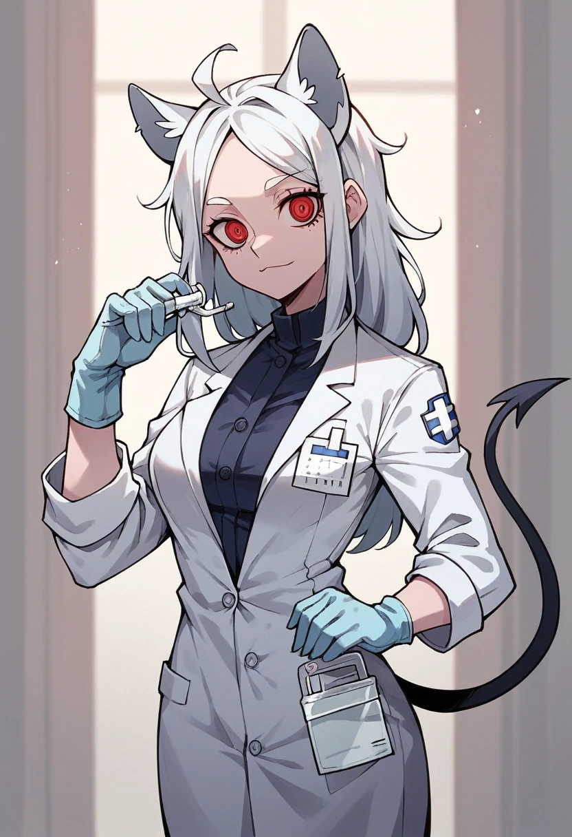 3girl, cerberus \(helltaker\), ((blue medical gloves)), ((surgical gloves)), ((latex gloves)), ((long sleeves)), looking at viewer, ((white doctor outfit)), standing, solo
