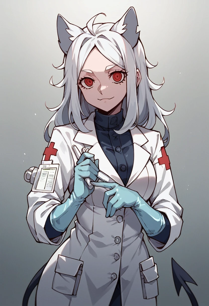 3girl, cerberus \(helltaker\), ((blue medical gloves)), ((surgical gloves)), ((latex gloves)), ((long sleeves)), looking at viewer, ((white doctor outfit)), standing, solo
