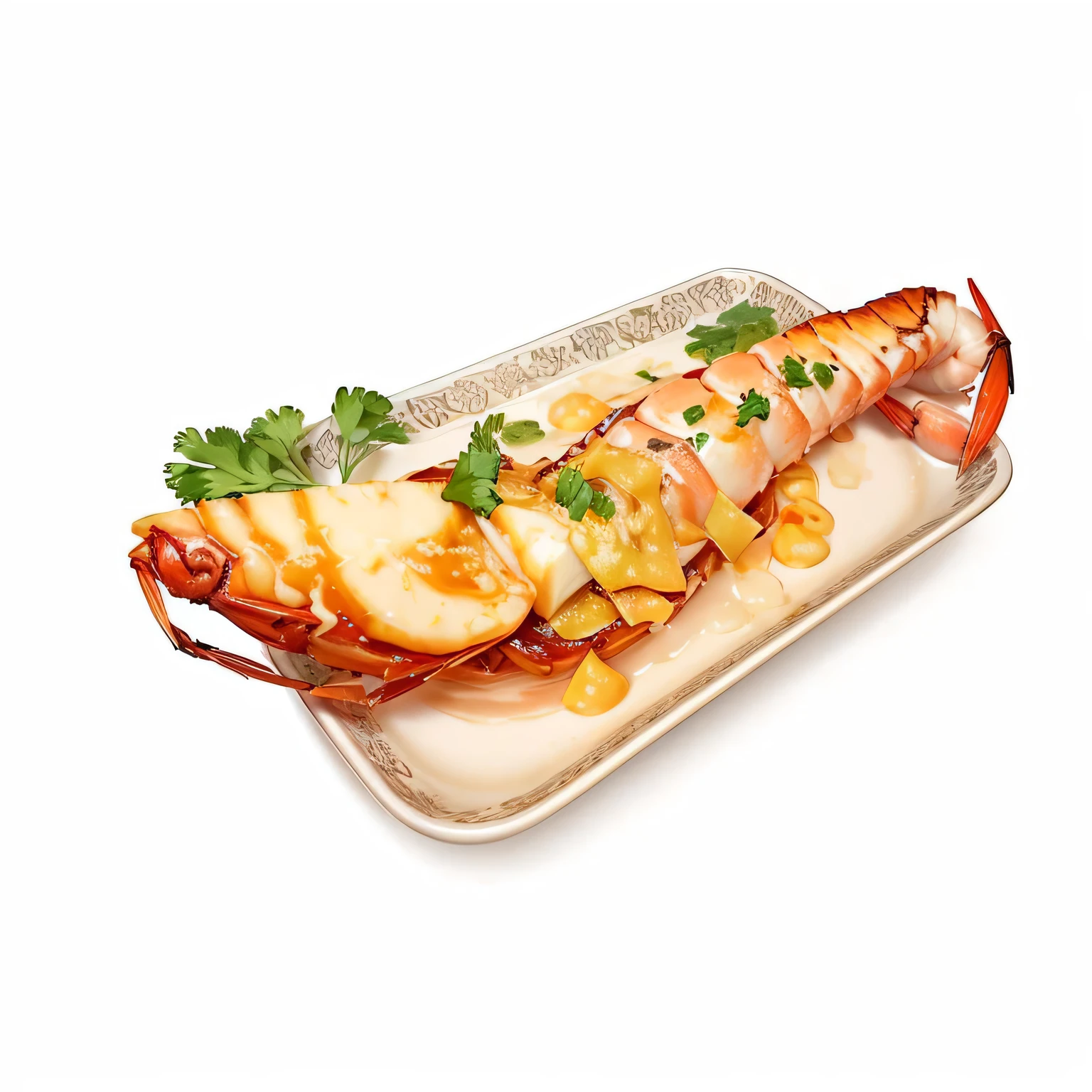 there is a 龙shrimp with a sauce and some vegetables on it, 龙shrimp, number, Crustaceans, crabcore, shrimp, Very tasty, author：Travel in Kana, Amazing food illustration, Surrealism, digital Rendering, Rendering, illustration, Detailed hot belly, made in illustrator, gourmet food, by Liao Chi-chun