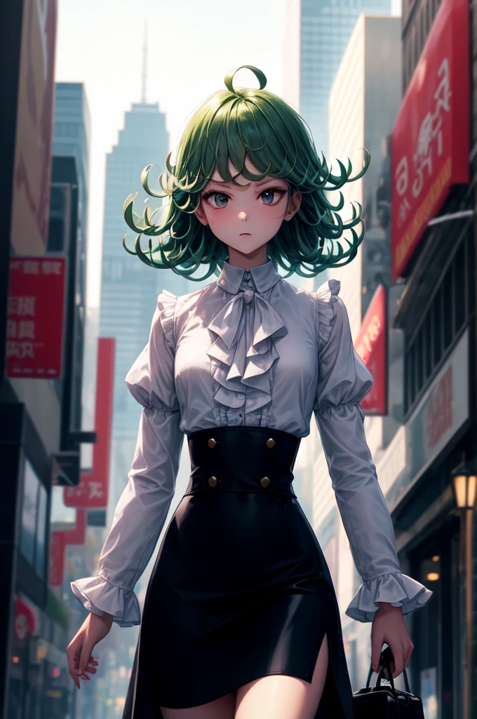 masterpiece, best quality, 1girl, tatsumaki, flat chest, petite, high waist skirt, pencil skirt, long sleeve white silk shirt, (frilled shirt), puffy sleeves, city, modeling, high contrast, dramatic lighting, 