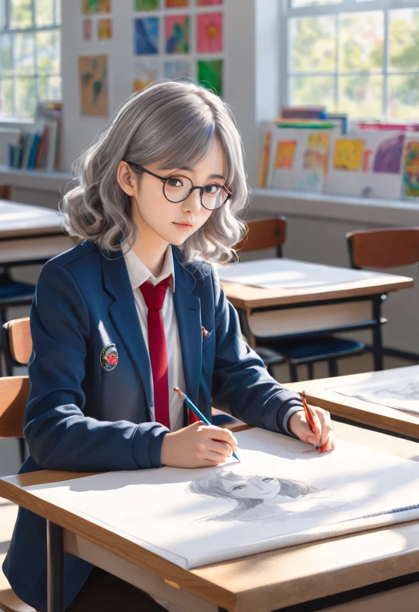 Detailed and realistic anime-style illustration depicting a young person with medium-length, wavy gray hair and glasses, sitting in a well-lit art classroom. The individual has a fair skin tone and is wearing a blue jacket over a white shirt with a red tie. They are focused on drawing, with several sketches of faces on the table in front of them. The classroom has large windows that let in natural light, revealing a scenic view of trees and buildings outside. The room is filled with art supplies, including pencils, brushes, and paper, scattered on desks and shelves, creating a creative and studious atmosphere.