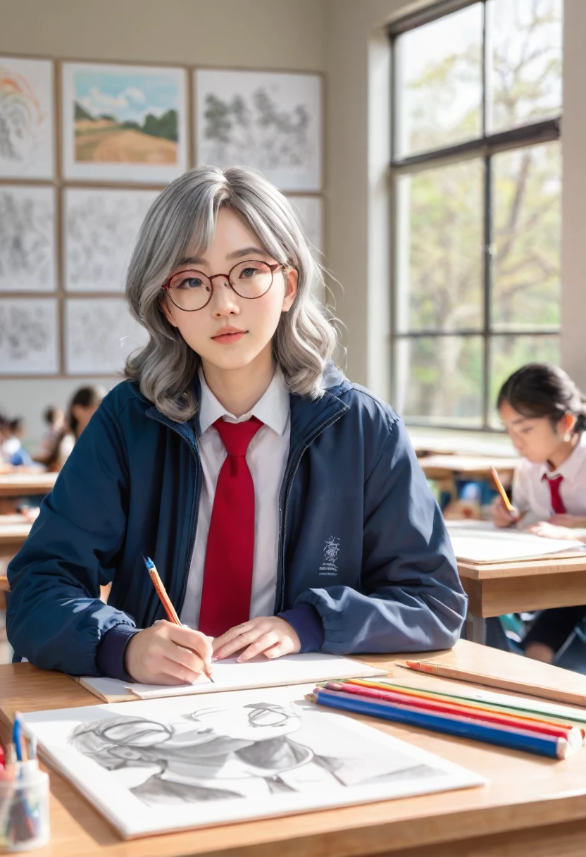 Detailed and realistic anime-style illustration depicting a young person with medium-length, wavy gray hair and glasses, sitting in a well-lit art classroom. The individual has a fair skin tone and is wearing a blue jacket over a white shirt with a red tie. They are focused on drawing, with several sketches of faces on the table in front of them. The classroom has large windows that let in natural light, revealing a scenic view of trees and buildings outside. The room is filled with art supplies, including pencils, brushes, and paper, scattered on desks and shelves, creating a creative and studious atmosphere.