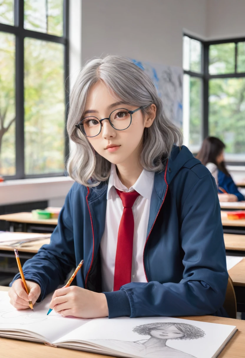 Detailed and realistic anime-style illustration depicting a young person with medium-length, wavy gray hair and glasses, sitting in a well-lit art classroom. The individual has a fair skin tone and is wearing a blue jacket over a white shirt with a red tie. They are focused on drawing, with several sketches of faces on the table in front of them. The classroom has large windows that let in natural light, revealing a scenic view of trees and buildings outside. The room is filled with art supplies, including pencils, brushes, and paper, tered on desks and shelves, creating a creative and studious atmosphere.