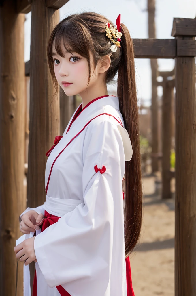 Shrine maiden、Costumes based on white、cute、Sideways、Holding a pair of thread scissors、Equipped with a golden hair ornament on the back of the head、Equipped with a small golden V-shaped hair ornament on the frontal lobe、Dark brown hair、Straight Hair