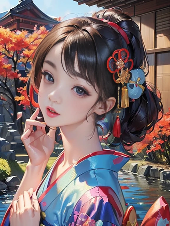 (Highest quality、 8k 、masterpiece、High resolution)、 Japanese painting、Vibrant colors、A woman wearing a kimono、Hands on chest、(Highly detailed face and eyes,Beautiful Face,Beautiful Eyes,Beautiful nose,Pretty lips)、Dynamic painting technique、Japanese garden、Autumn scenery、autumn leaves、Starry Sky、Detailed Description、