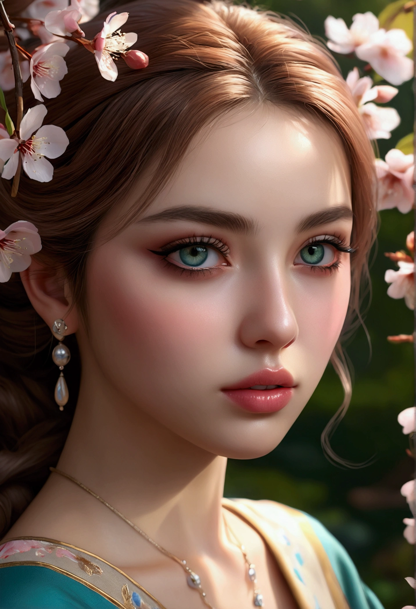 masterpiece, best quality, (4k, 8k, highres, realistic, photorealistic, photo-realistic:1.37), ultra-detailed, (extremely detailed eyes and face, beautiful detailed eyes, beautiful detailed lips, long eyelashes:1.2), 1girl, solo, long pink hair, very long hair, blue eyes, hair ornament, japanese clothes, detached sleeves, serene expression, kneeling on ground, cherry blossom petals, lush green garden, soft lighting, warm color palette