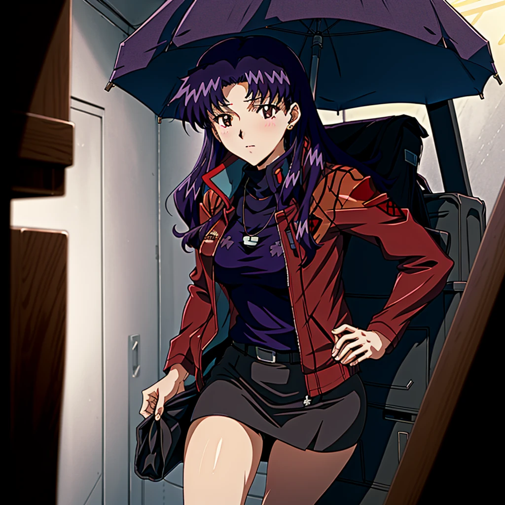 Katsuragi_Misato, 
1girl, solo, purple_hair, long_hair, katsuragi_misato, pencil_skirt, skirt, jacket, red_jacket,
high detail,Cinematic light, intricate detail,highres, high detail,detailed,best quality,