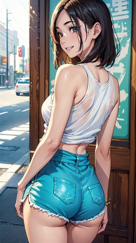 8K, Raw photo, highest quality, masterpiece, realistic, Photoreal, (1 Ultimate beauty), middle aged, highly detailed face, (perfect teeth), detailed eye, double eyelid, eyelash, grin and laugh, lip details, brunette bob, big breasts, (white tank top), ((dolphin shorts)), cowboy shot, Koen-dori in Tokyo, soft light, ((Depth of written boundary))
Please proceed with caution,((13 year old Japanese girl)), (((slim, thin waist, thin thighs, thin arms))), (((Rear view, realistic buttocks, small ass, retrospective diagram)))