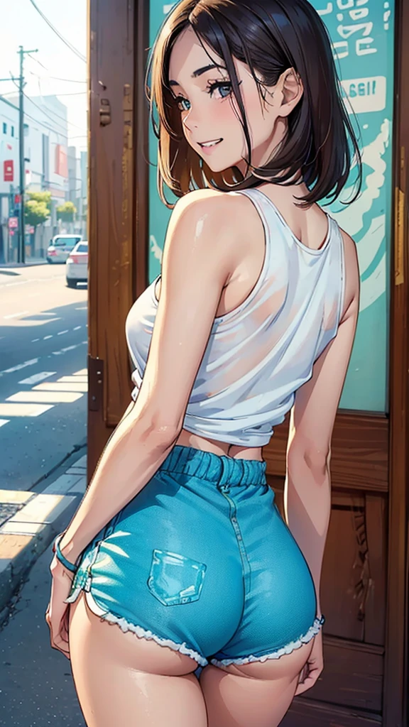 8K, Raw photo, highest quality, masterpiece, realistic, Photoreal, (1 Ultimate beauty), middle aged, highly detailed face, (perfect teeth), detailed eye, double eyelid, eyelash, grin and laugh, lip details, brunette bob, big breasts, (white tank top), ((dolphin shorts)), cowboy shot, Koen-dori in Tokyo, soft light, ((Depth of written boundary)) 

Please proceed with caution，((13 year old Japanese girl)), (((slim, thin waist, thin thighs, thin arms))), (((Rear view, realistic buttocks, small ass, retrospective diagram)))