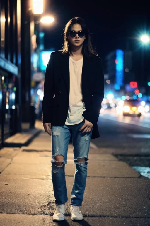 (Cinematic Aesthetic:1.4) Photo of a handsome long hair korean man bokeh city night, white shirt, blue jeans, sun glasses, not look at camera, full body shot, say hi