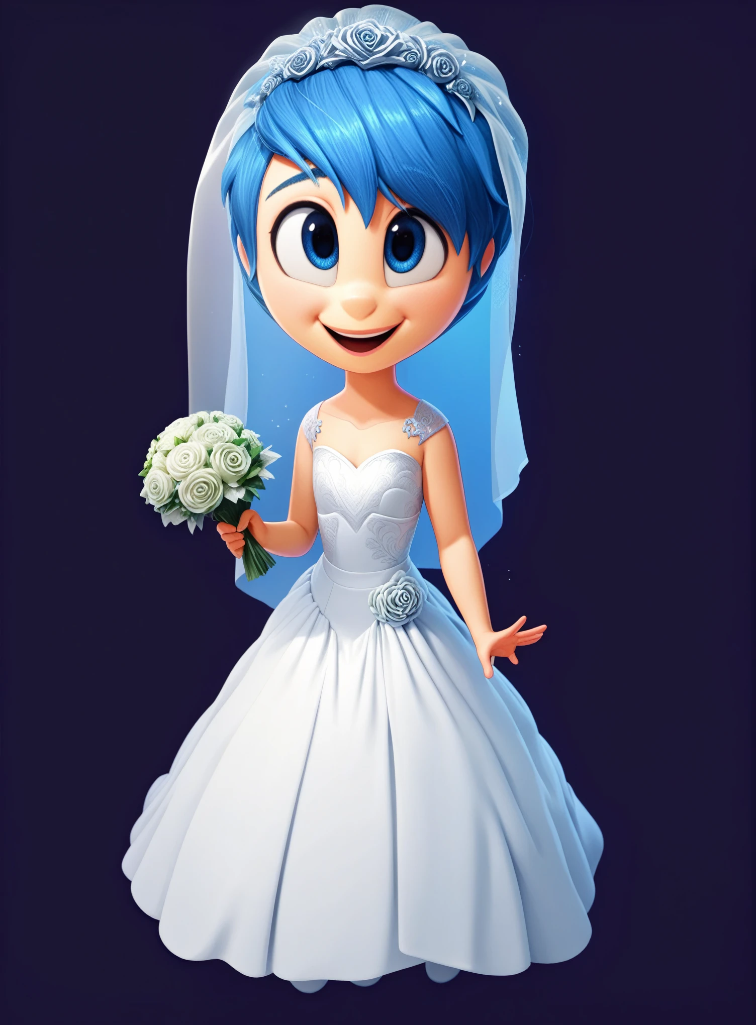 cartoon Inside Out joy from the cartoon Inside Out in a wedding dress, joy in full length in a wedding dress and veil, joy from the cartoon Inside Out holding a wedding bouquet in his hand, 3d style, 3d render