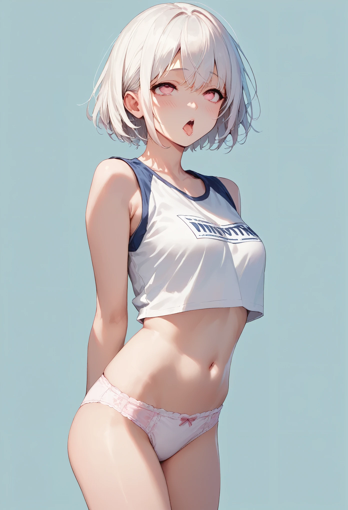 score_9, score_8_up, score_7_up,source_anime, high res image,masterpiece,best quality,girl,cute face,clear skin,simple background, jyojipan, panties, white hair, short hair, pink eyes,ahegao,