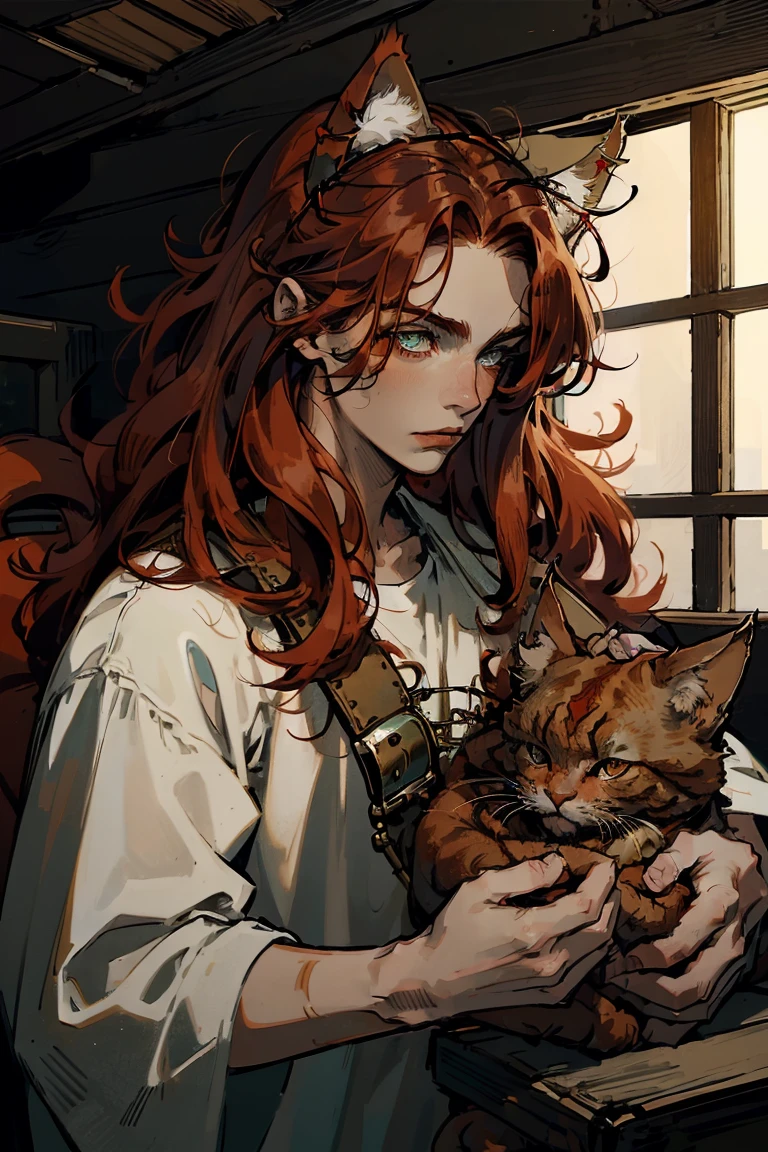 ((1 boy)), upper body, long red fluffy hair, ((red cat ears)), ears covered with hair, green eyes, long eyelashes, beautiful detailed eyes, White shirt, pirate setting, pirates, sea, on board an old ship, (red cat tail), soft light, beautiful detailed face, 8 K, masterpiece, Neko