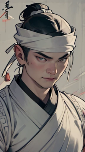 Wearing a white swimming cap、(((Monochrome)))、(((Ink Painting)))、Line art、Oriental、Ultra-high resolution、Game Poster、Crisp and beautiful image quality、ancient chinese hairstyle male、Embroidered cloth wrapped around a topknot、whole body ,(Ancient Chinese armor, Dragon head on shoulder, (Ancient Chinese armor with intricate pattern:1.2), gloves, Long trousers, (Very detailed, bloom:1.5), (Highest quality, Concept Art, 4K), (analog:1.2), (high sharpness), (Detailed pupil:1.1), Detailed face and eyes, masterpiece, Highest quality,8k,  (Black Hair, Dynamic Short Hair), (PurerosFace_v1:0.2), [:(Detailed face:1.2):0.2], sharp, Realistic Shadow, 