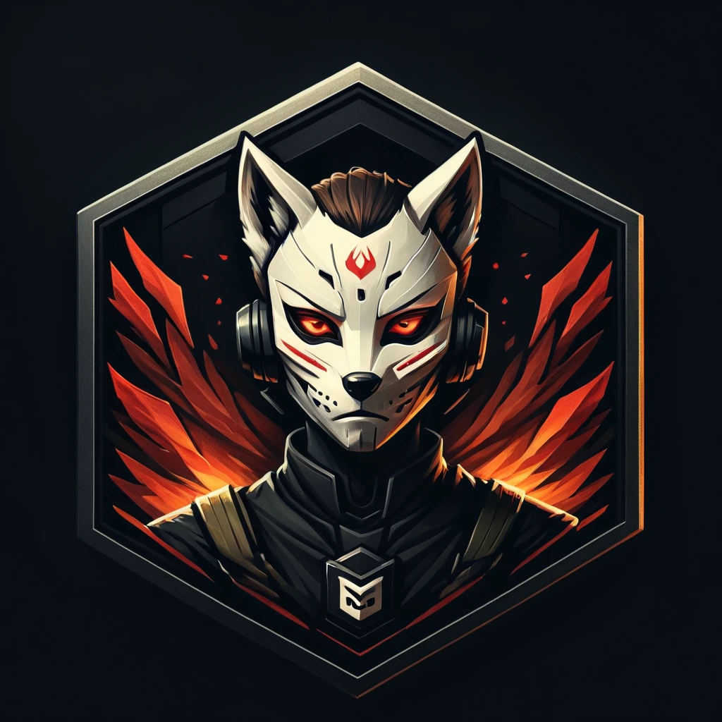 Badgetype,solo badge,counter strike2 type badge,solo,looking at viewer,red eyes,1boy,female focus,no humans,mask,glowing,black background,portrait,straight-on, kitsune mask, simple background