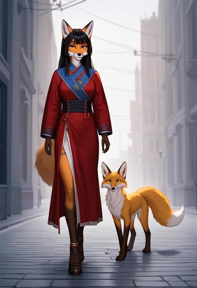 masterpiece, Best quality, antro, Furry, fox, Fox, long eyelashes,god, , black hair, long straight hair, cinematic lighting, Scattered light, a high resolution, high detail, ultra realistic, nice smile, smiling, reference, full height, вид в full height, fox paws, a tall girl, looks from the front, standing straight, full height, coming, stepping, Walking, You can see the legs, long white fox tail, Dressed in underwear,  reference персонажа