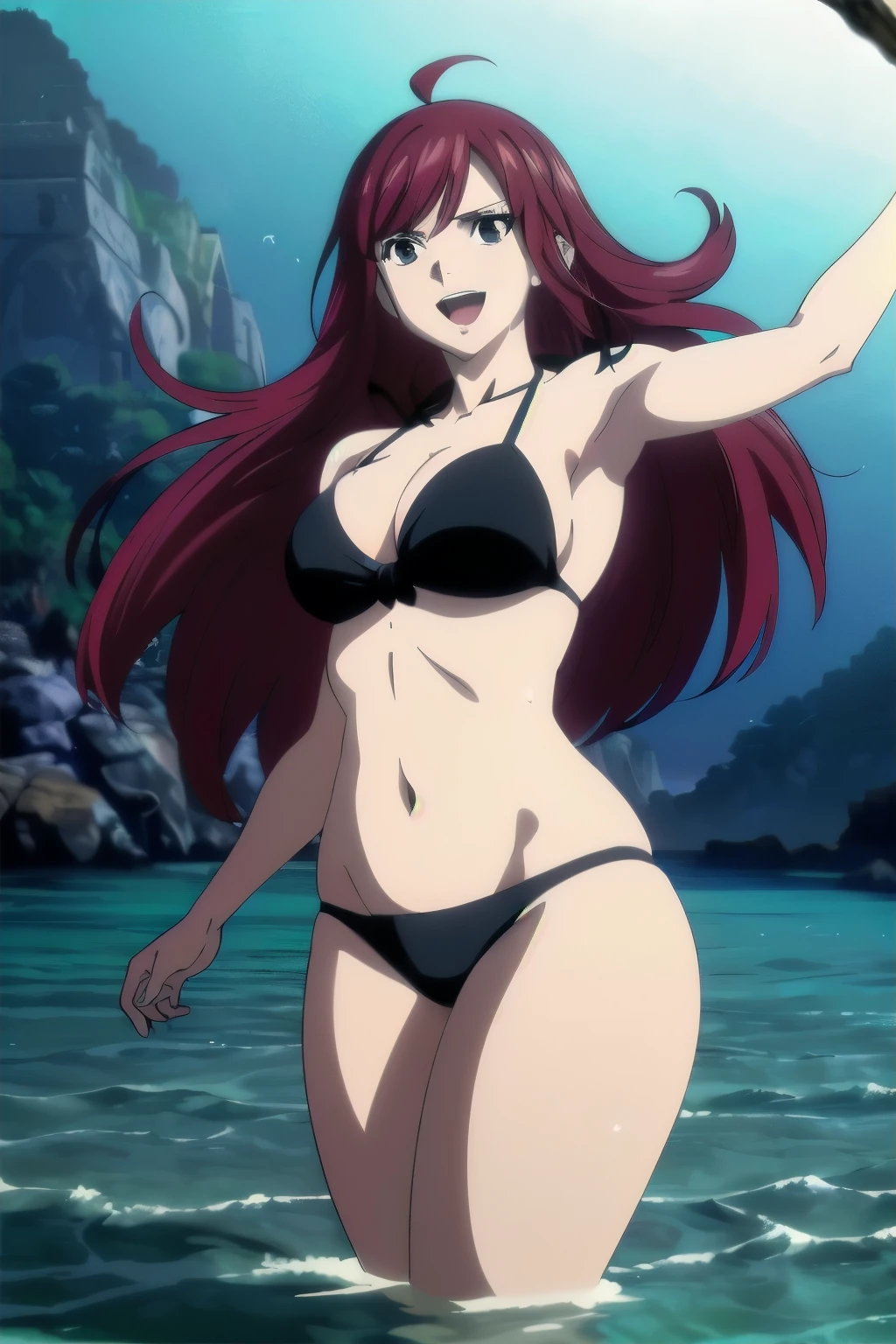 (black bikini only:1.6), groin, (vibrance:1.3), (beach during day time:1.4), windy, ultra detailed face, perfect anatomy, (cowboy shot:1.6), from front, standing, ultra detailed body and face, (thick arms:1.6), perfect body proportions, (legs submerged in water:1.3), highest quality, 1girl, solo, (very little biceps) , smile, ERZASCARLET, BARE SHOULDERS, (big round breasts:1.2) cleavage, off-shoulder, tall girl, (long hair:1.7), (free flowing hair:1.4), (floating hair:1.7), ultra detailed red hair, open mouth, big eyes, long belly, wide shoulders, beach, For the image quality, please prioritize (best quality, highres, masterpiece:1.8), itional prefixes
