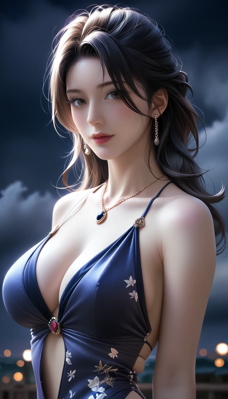 score_9, score_8_superior, score_7_superior, (Masterpieces with up to 16K resolution:1.5),Highest quality,it is really amazing,Very detailed,Ultra-high resolution,(Ultra-realistic:1.1),Realistic,Increased depth of field,Cinematic lighting,
(Elegant Japanese MILF:1.1),
Long black hair,(Ultra-detailed and beautiful faces:1.4),Translucent white skin,Very detailedな肌,
(Elegant swimwear:1.3),
Artistic design,Beautiful and detailed pattern,Detailed fabric texture,
Gorgeous necklace,Earrings,
(A pitch black night sky with dark clouds:1.5),
(A desolate and fantastical sandy beach:1.5)
(Dramatic Angle:1.3),