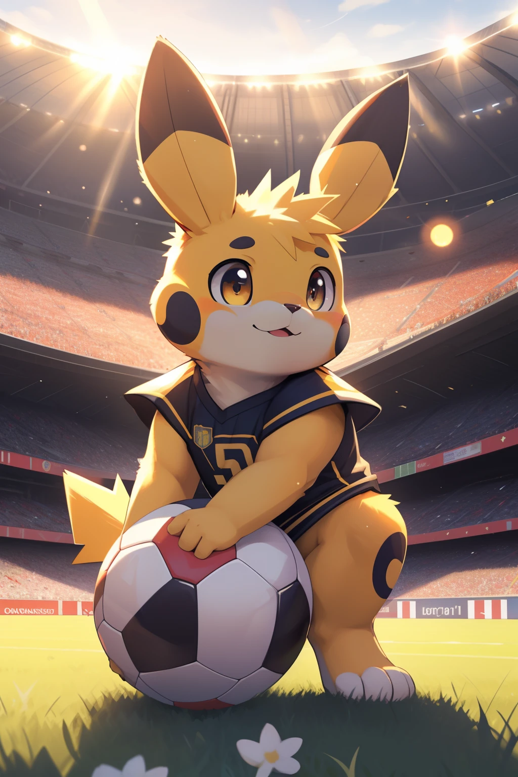"High-resolution, 3D render, adorable Pichu, solo, football, full body, chubby, expressive face, bright yellow fur, playful eyes, realistic, masterpiece, highest quality, lens flare, unreal engine, trending on ArtStation, Intricate, High Detail, dramatic, realism, realistic, action pose, sitting on the field, grass stains, ball at paws, soccer ball, detailed background, Spanish flag, stadium, distant crowd, cheering, detailed Pichu, detailed soccer ball, bright sun, dynamic light and shadow"
By: ArtistName1, ArtistName2, ArtistName3 (Best quality, masterpiece,