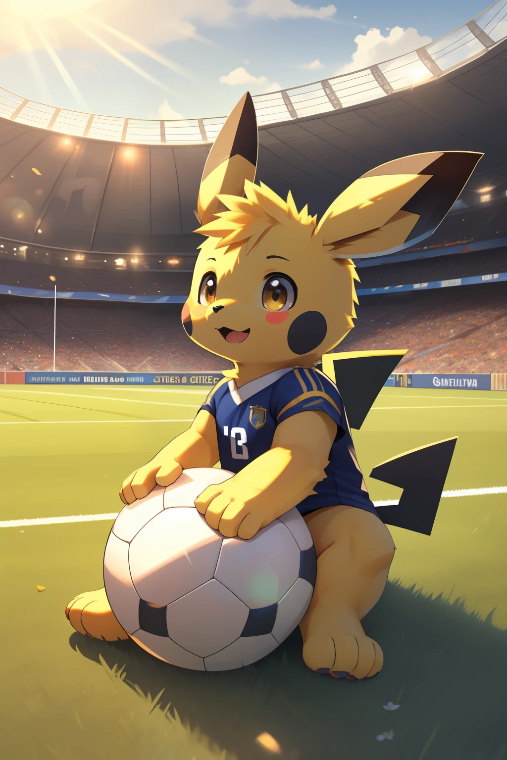"High-resolution, 3D render, adorable Pichu, solo, football, full body, chubby, expressive face, bright yellow fur, playful eyes, realistic, masterpiece, highest quality, lens flare, unreal engine, trending on ArtStation, Intricate, High Detail, dramatic, realism, realistic, action pose, sitting on the field, grass stains, ball at paws, soccer ball, detailed background, Spanish flag, stadium, distant crowd, cheering, detailed Pichu, detailed soccer ball, bright sun, dynamic light and shadow"

By: ArtistName1, ArtistName2, ArtistName3 (Best quality, masterpiece,