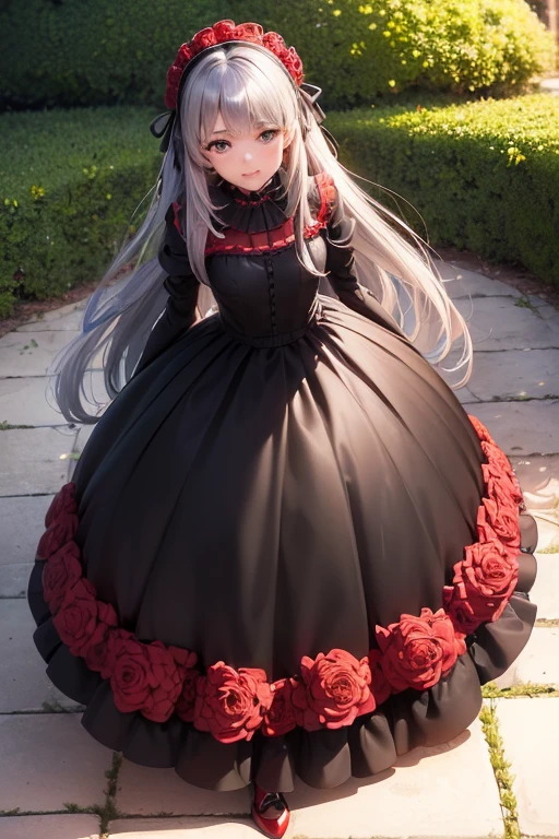 #基本
女の子がphotographのポーズをとっている, ((One Girl)), (((Baby Face:1.2)) + ((cute:1.3))),
#女の子がphotographのポーズをとっている, ((One Girl)), (((Baby Face)) + ((cute)) + 16 years old),
break
#Clothing Accessories
(((Black and Red:1.4)Gothic Lolita Dresses) : Elegant + (Quinceanera Dresses) + Gothic Lolita Fashion + (Floor Length + Long skirt dress:1.4) + (Black and Red)jabot + ((Black and Red)Bustier) + ((Black and Red)corset) + ((Black and Red)Headdress) + ((Black and Red)bonnet)) + (Black High Heels),
red gem earrings, Fancy Necklace,
break
#Features
((Silver Hair:1.4)), (Straight bangs + trimmed bangs), (Twin tails : Long Hair + Straight hair + Black and Redのレースリボン),
(Droopy eyes, blue eyes), (Very small breasts),
break
#background environment
(noon, (The garden of a large Western-style mansion + Garden of roses + sunlight shines)),
#Facial Expression Pose
((Smiling loudly, blush), (A confident and graceful pose, Dynamic Pose)),
#composition
(To the camera, Focus from below, (Cowboy Shot)),
break
#Body parts elements
(Slim figure),
(Detailed Hair, Beautiful Hair, Shiny Hair),
(double eyelid, Long eyelashes),
(Expression of fine eyes, Beautiful and delicate eyes, Sparkling eyes, Eye Reflexes, Glitter Eyeliner, Big eyes:1.2),
(Human Ear),
(Beautiful Nose, Thin Nose),
(Glossy Lips, Beautiful Lips, Thick lips, Glossy Lips, Natural Cheeks),
(Detailed face, Symmetrical facial features),
(Detailed skin, Textured skin, Beautiful Skin, Glowing Skin),
break
#Quality Image Quality Common
(((Highest quality)), ((masterpiece)), ((Very detailed))), ((High resolution)), ((16K,1080P)),
(Anatomically correct), (Realistic), (3DCG),
#Quality image illustration
((comics, anime)), CG illustration,
#Quality image quality realistic
#(photo-Realistic:1.37), (Photorealistic), ((RAWphotograph)), (photograph),