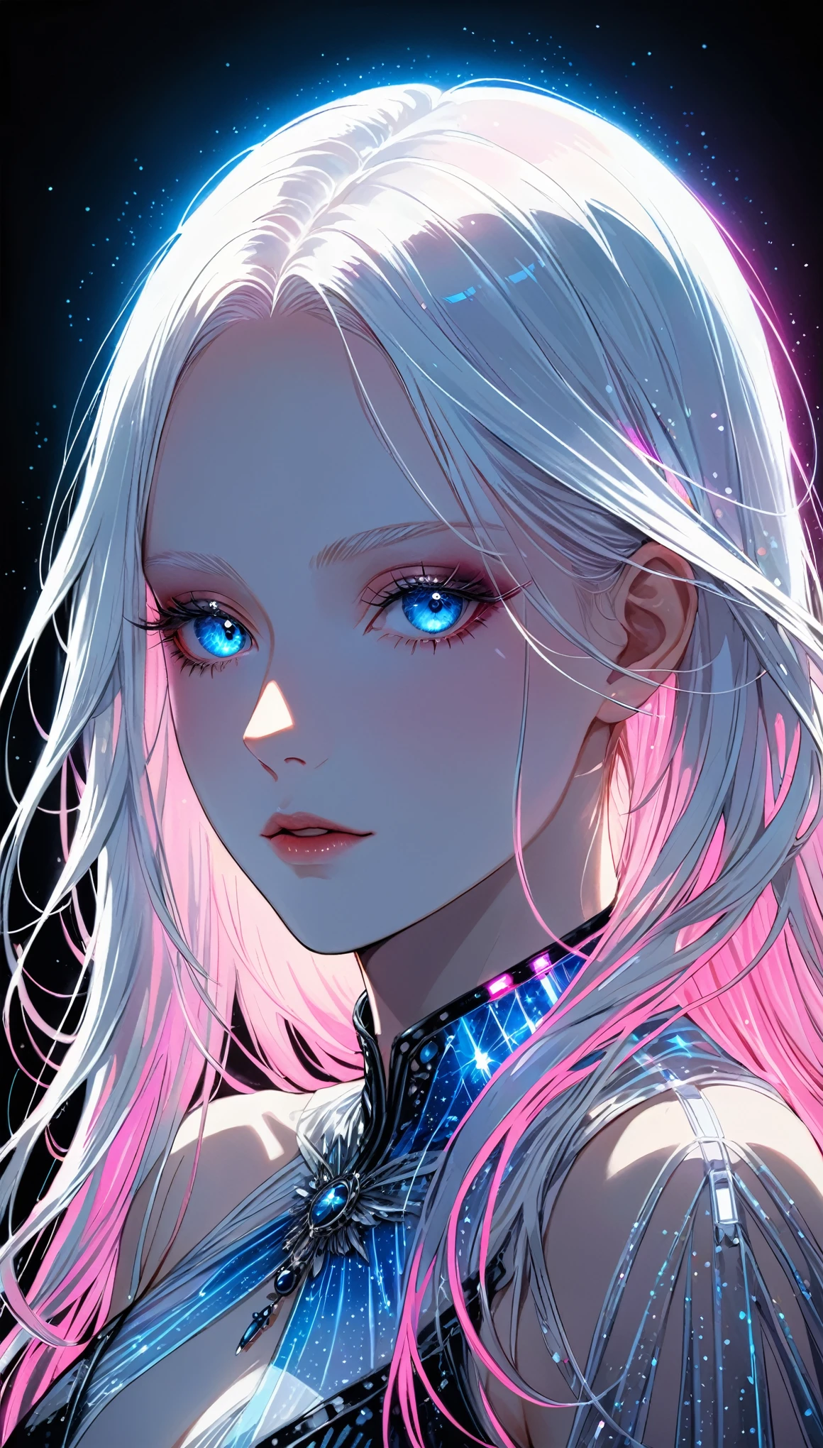 (in style of Harry Clarke:0.5),(in style of Santiago Caruso:0.7),1 Girl,neon glowing line,Blue and pink diffraction gradient,Gradient background,portrait,Blue Eyes,Transparent fabric,White long hair,White eyebrows,White eyelashes,White skin,Backlight,Rim Light,Tyndall effect light,Intense, realistic light