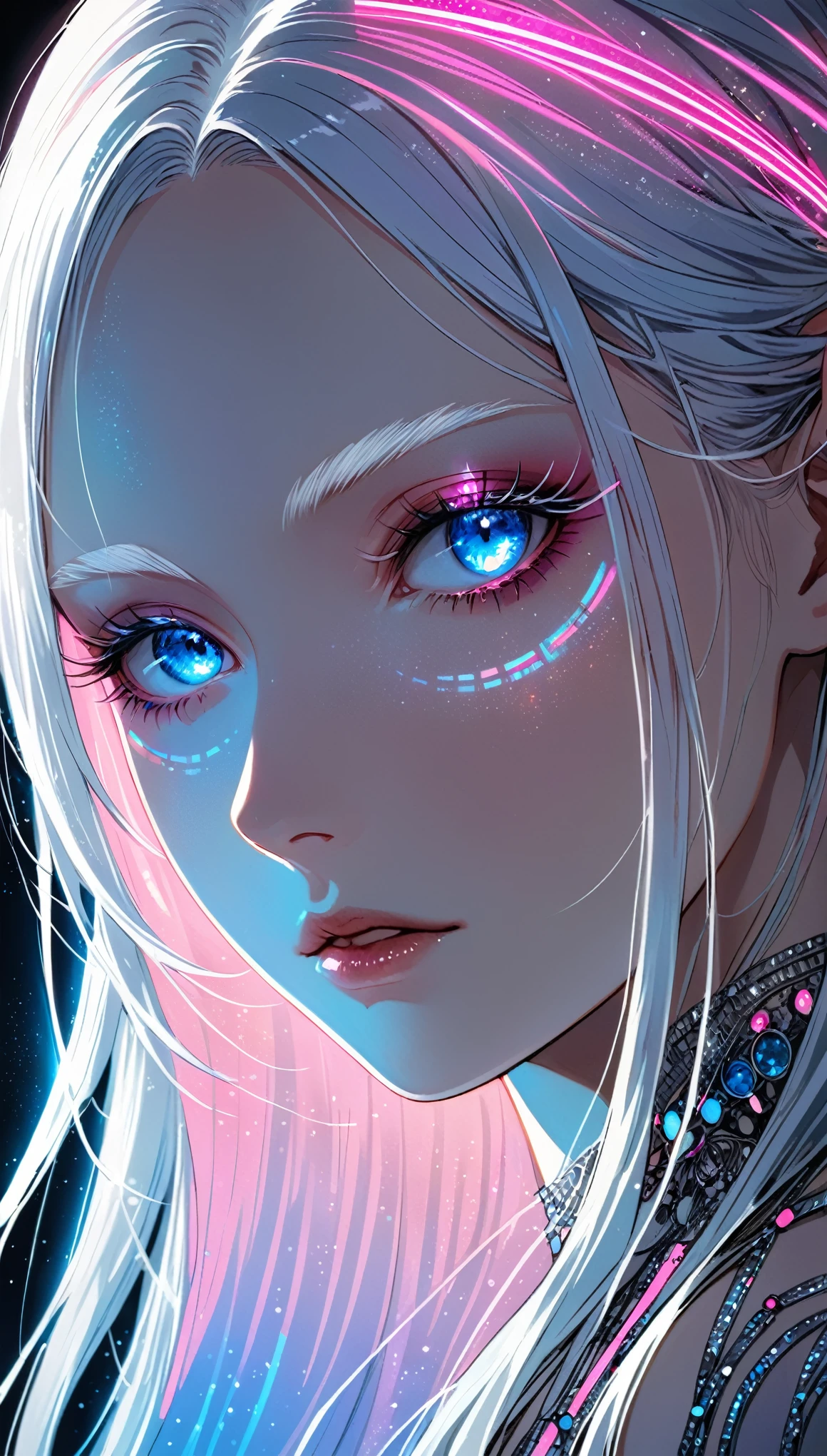 (in style of Harry Clarke:0.5),(in style of Santiago Caruso:0.7),1 Girl,neon glowing line,Blue and pink diffraction gradient,Gradient background,portrait,Blue Eyes,Transparent fabric,White long hair,White eyebrows,White eyelashes,White skin,Backlight,Rim Light,Tyndall effect light,Intense, realistic light