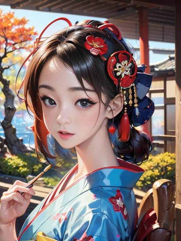 (Highest quality、 8k 、masterpiece、High resolution)、 Japanese painting、Vibrant colors、A woman wearing a kimono、Hands on chest、(Highly detailed face and eyes,Beautiful Face,Beautiful Eyes,Beautiful nose,Pretty lips)、Dynamic painting technique、Japanese garden、Autumn scenery、autumn leaves、Starry Sky、Detailed Description、