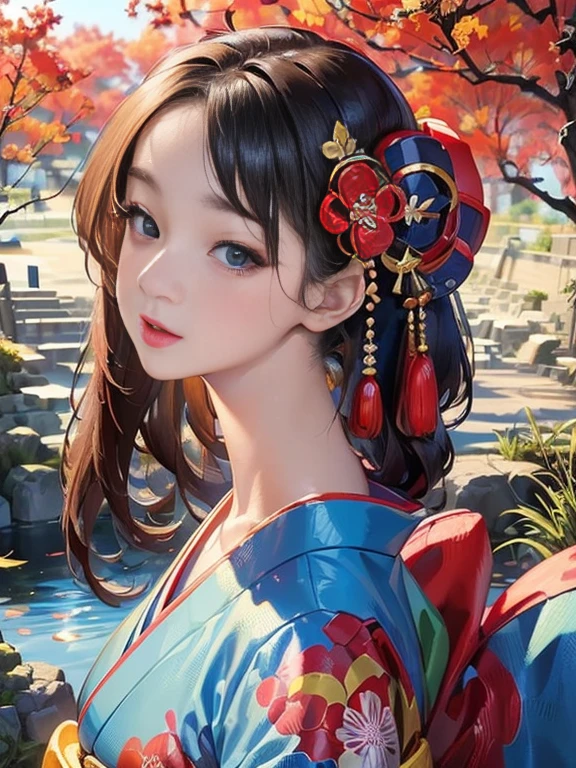 (Highest quality、 8k 、masterpiece、High resolution)、 Japanese painting、Vibrant colors、A woman wearing a kimono、Hands on chest、(Highly detailed face and eyes,Beautiful Face,Beautiful Eyes,Beautiful nose,Pretty lips)、Dynamic painting technique、Japanese garden、Autumn scenery、autumn leaves、Starry Sky、Detailed Description、