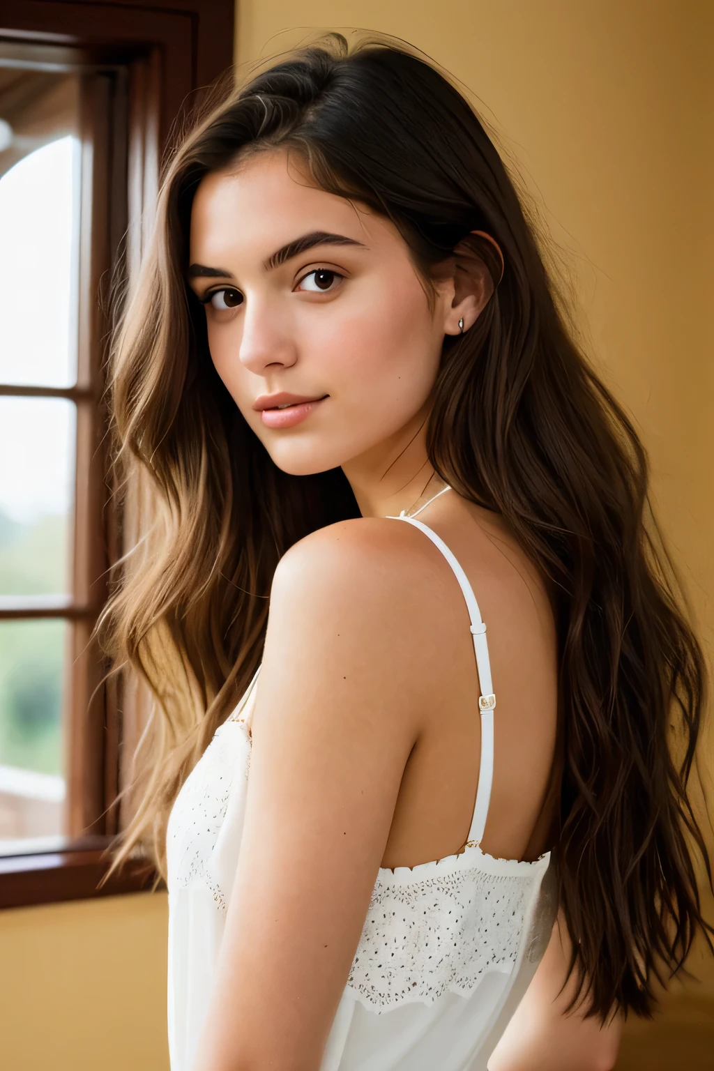 A photorealistic portrait of a 20 years old italiangirl like megan fow, with long , flowning brown hair an striking dark eyes. She should have a natural, approchable expression and be illuminated by soft golden hour sunlight. The backgroi=und should be a scenic indoor setting chamber. Capture this image with a high resolution photograph using 85mm lens for a flattering perspective.