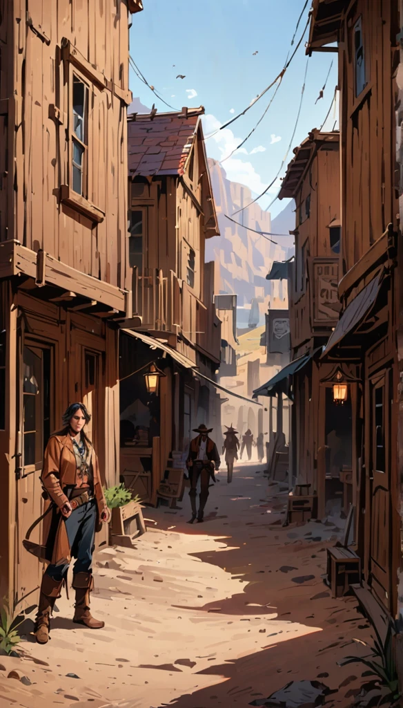 a duel of two gunslingers in the main street of a small wild west town, two cowboys facing each other, dusty western setting, dramatic lighting, intense facial expressions, detailed cowboy outfits, leather, holsters, revolvers, rugged terrain, wooden buildings, saloon in the background, (best quality,4k,8k,highres,masterpiece:1.2),ultra-detailed,(realistic,photorealistic,photo-realistic:1.37),cinematic composition, dramatic shadows and highlights, gritty western atmosphere, line art, flat colors
