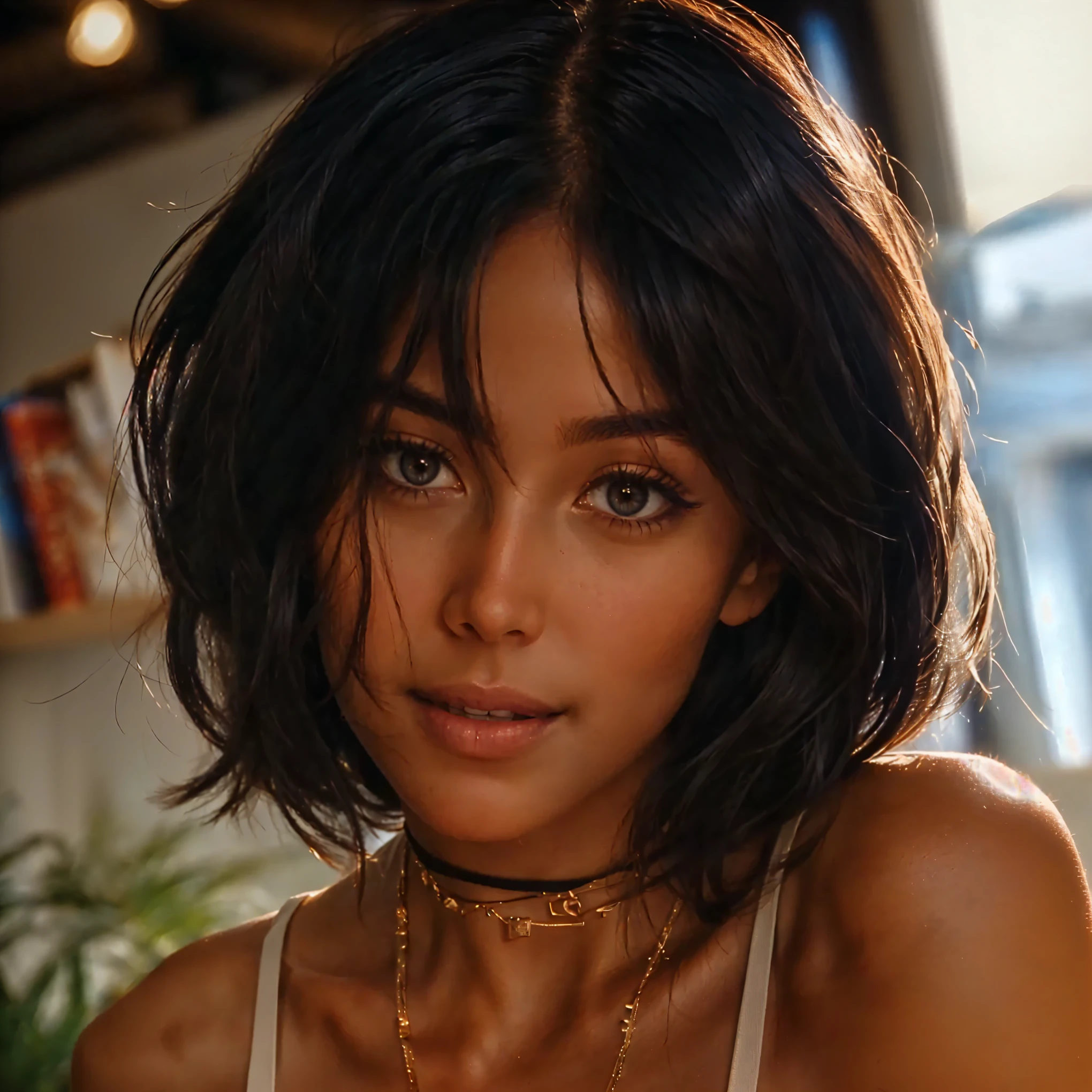 1girl, alone, 25 years old, young, little, short, , short hair, black eyes, cheveux noirs, mid lenght hair, dark skin, tanned skin, jewelry, boss, formal business outfit, serious look, bureau style, workaholic, bureau themed image, looking at viewer, looking at camera, smiling, professionnal photo, professional, serious, beautiful, (photorealistic:1,4), ultra high res, hd, 4k, UHD, high details