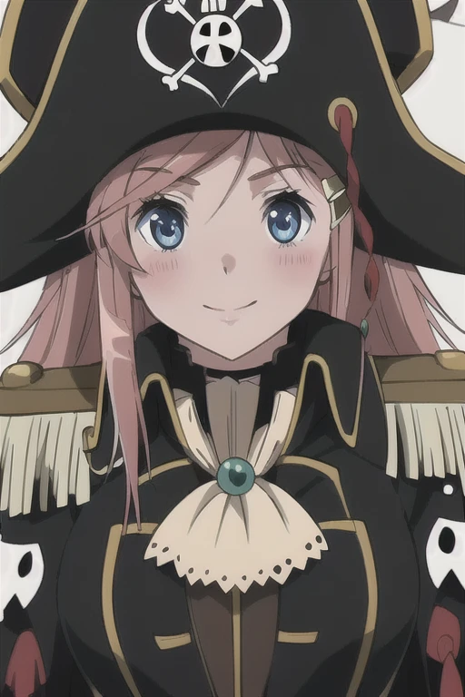 masterpiece, best quality, 1girl, detailed face and eyes, big breasts, Katou Marika, (black pirate costume), (black pirate hat), smile, blush, close-up, POV, hug