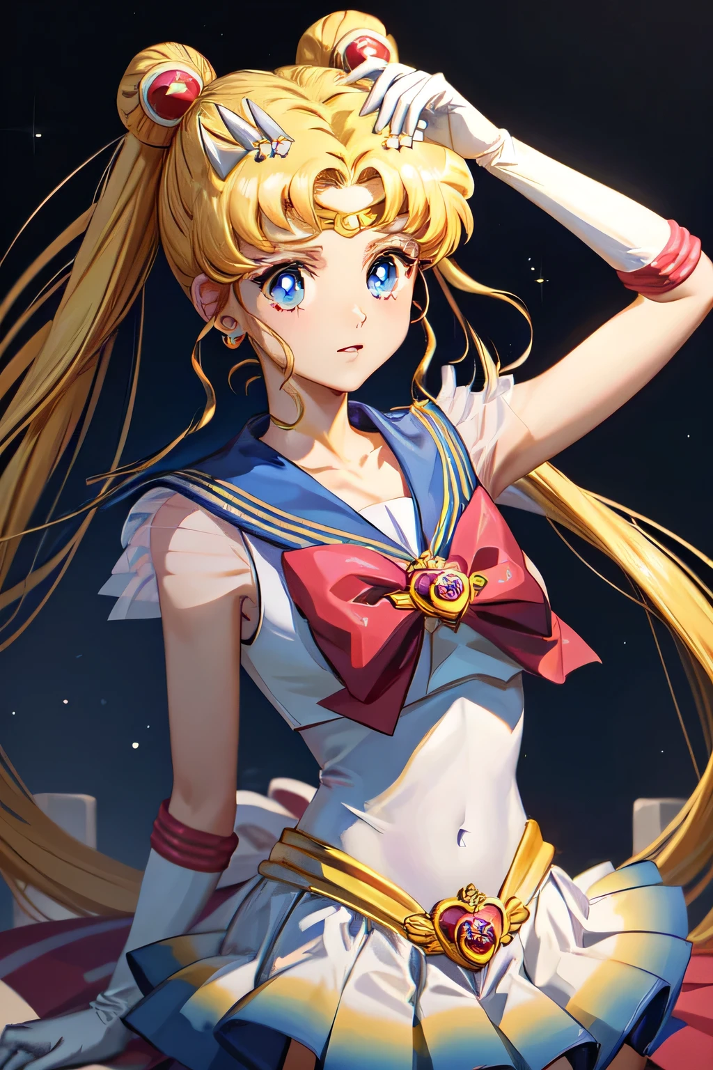 In the field of masterpiece art, Enjoy the charming image of the solo girl who embodies the essence of Sailor Moon, Tsukino Usagi. with her blonde hair, long, Her wavy hair brings out her beautiful blue eyes, She proudly donned her iconic sailor uniform. A white collar with a red crescent moon rests on her shoulders, The collarbone is exposed. Her twin ponytails, Secure with red bow and crescent earrings, Flowing down her back. Gloves covering her elbows,Perfecting her signature look.
Her sailor collar, Attractive blue and white mix
