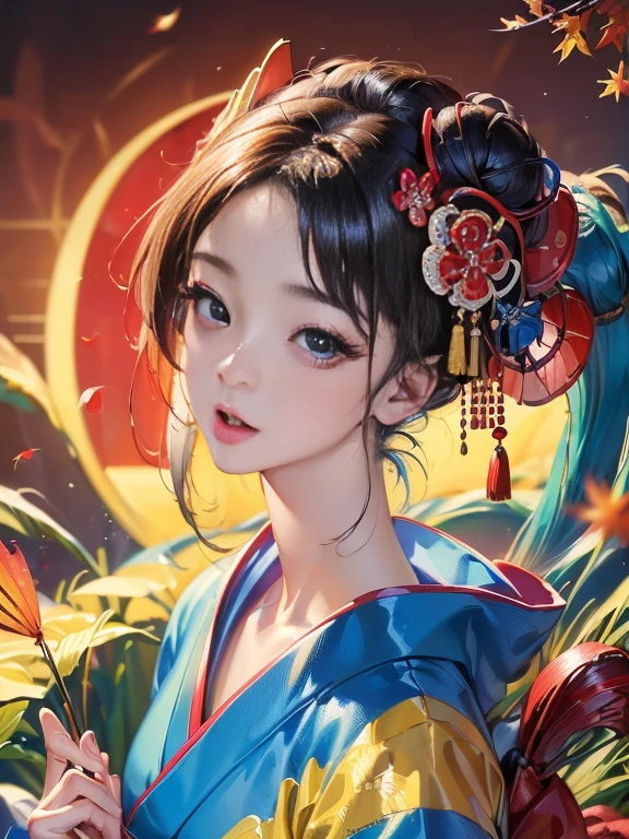 (Highest quality、 8k 、masterpiece、High resolution)、 Japanese painting、Vibrant colors、A woman wearing a kimono、Hands on chest、(Highly detailed face and eyes,Beautiful Face,Beautiful Eyes,Beautiful nose,Pretty lips)、Dynamic painting technique、Japanese garden、Autumn scenery、autumn leaves、Starry Sky、Detailed Description、