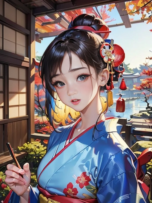 (Highest quality、 8k 、masterpiece、High resolution)、 Japanese painting、Vibrant colors、A woman wearing a kimono、Hands on chest、(Highly detailed face and eyes,Beautiful Face,Beautiful Eyes,Beautiful nose,Pretty lips)、Dynamic painting technique、Japanese garden、Autumn scenery、autumn leaves、Starry Sky、Detailed Description、