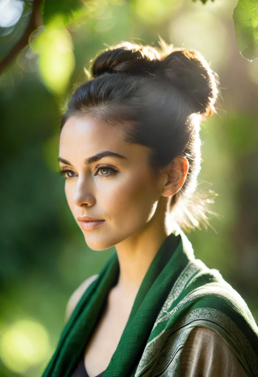 Portrait style image featuring a woman in profile, set against a backdrop of lush greenery with sunlight filtering through, creating a bokeh effect. The subject has a light to medium skin tone, dark hair tied in a bun, and is wearing a sleeveless dark green top. She is draped in a patterned shawl with earthy tones. Her facial features are soft and contemplative, with a serene expression. The lighting highlights the contours of her face and the texture of her skin, adding depth to the image. The overall composition is balanced, with a natural and tranquil atmosphere.