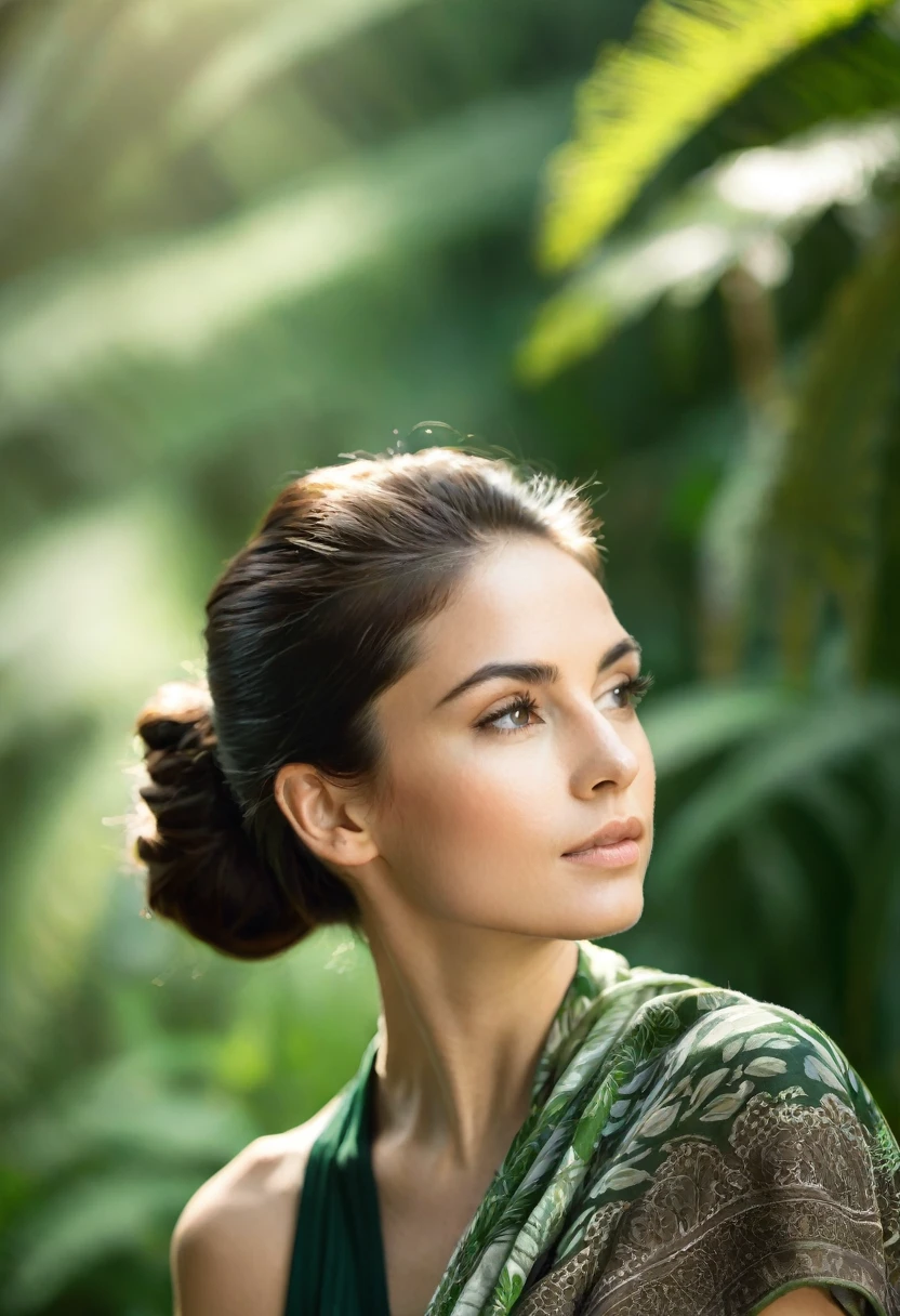 Portrait style image featuring a woman in profile, set against a backdrop of lush greenery with sunlight filtering through, creating a bokeh effect. The subject has a light to medium skin tone, dark hair tied in a bun, and is wearing a sleeveless dark green top. She is draped in a patterned shawl with earthy tones. Her facial features are soft and contemplative, with a serene expression. The lighting highlights the contours of her face and the texture of her skin, adding depth to the image. The overall composition is balanced, with a natural and tranquil atmosphere.