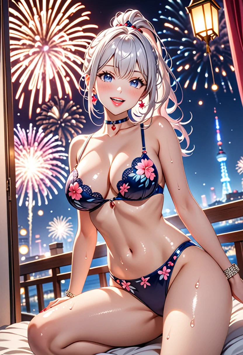 ((One personの女性)), Pink floral bra、Beautiful Face, ((Looking Outside:1.5)),Shyly spreading her legs in an M shape、Violated,1.4)),Shiny red lips,night,rooftop,Festive decorations,You can see the ocean, firework,Laughing with your mouth open,Glossy pink lips,Facial Lighting,((Anime style background)),masterpiece, Highest quality, so beautiful,Latest, Complex details, (Pink long nails),(ring),(bracelet),(choker),AI-generated, Complex,High resolution, Highest quality, super high quality,3D Images、3D Images,One person,Long white hair,High Ponytail,(blue eyes),Anime woman posing for a photo, ((fine grain、Silver-white colorful eyes、Shining Eyes:1.4)),(Squint your eyes:1.1),a hyperRealistic , hyperRealistic , Realistic,Long white hairのアニメ女性, Smooth anime CG art, ,Big earrings,Mature Body,(Big Breasts:1.1),expensive,Abdominal muscles,Tight waist,(Zoom in on face:1.7),Photographed from below at an angle. Wet.