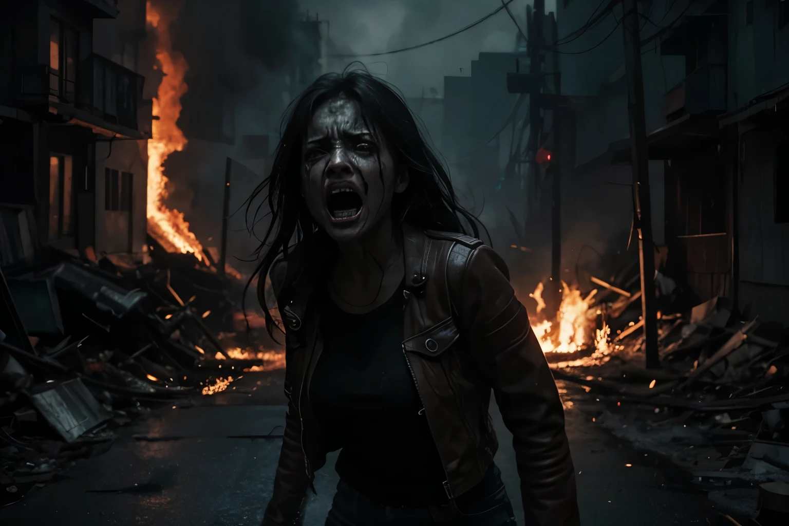 horror scene, screaming woman, monster attack, fire background, distressed, dark atmosphere, apocalyptic setting, gritty texture, nightmarish, intense emotions
